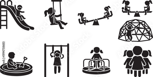 Black vector icons of children playing on various playground equipment isolated on transparent background