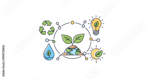 Conceptual illustration of sustainable energy and environmental conservation with interconnected eco-friendly icons.