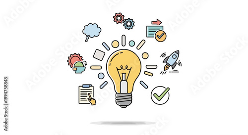Creative idea generation and innovation concept with light bulb and business icons.