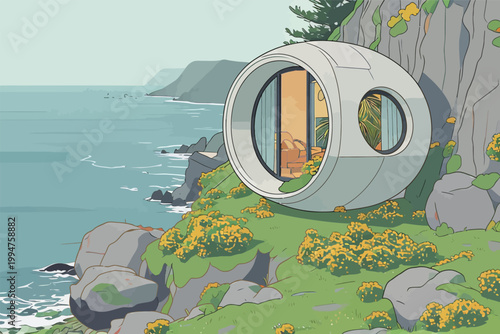 Futuristic Circular House by Seaside Cliff