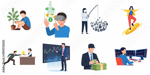 Modern Flat Illustration Style Business Financial Growth Investment Digital Entrepreneurship Stock Market Income Gain Concept Set Collection