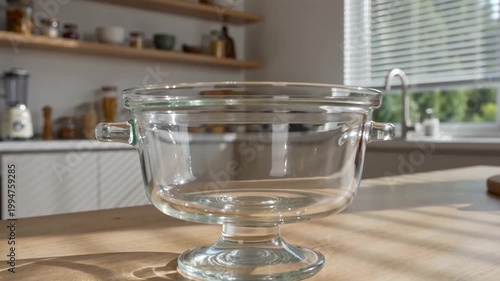 Clear glass bowl on wooden table in modern kitchen interior  