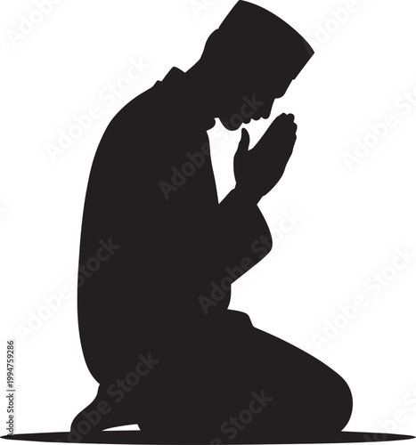 Muslim man in sujood prayer silhouette with hands clasped with man praying, prayer posture