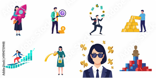 Modern Flat Illustration Set Diverse Business Finance Investment Growth Success Concept Collection