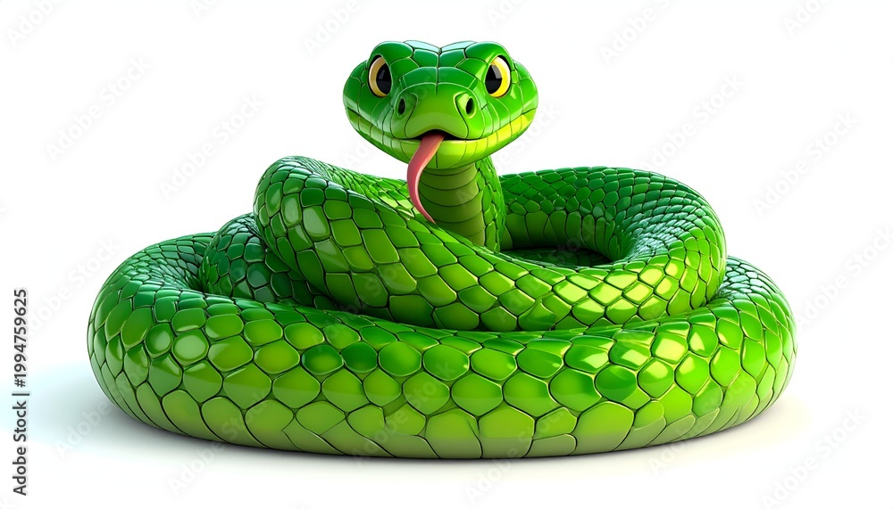 Fototapeta premium Cartoon Green Snake Coiled and Sticking Out Tongue on White Background.