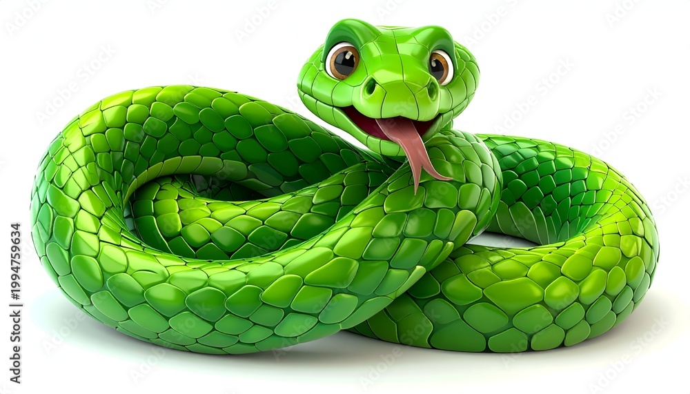 Fototapeta premium Cartoon Green Snake with Tongue Out on White Background.