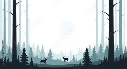 Minimalist forest landscape with two deer silhouetted against a bright, hazy sun and a dense evergreen forest.