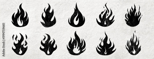 Ten black stylized flame icons with rough textures on a textured backdrop