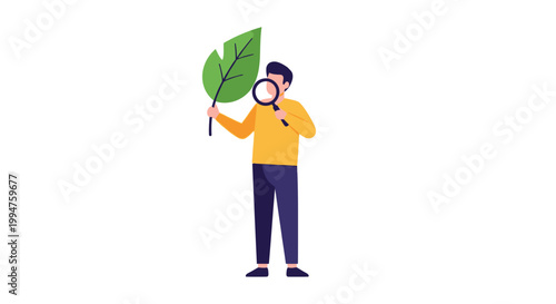 Young Man Examining Green Leaf with Magnifying Glass.