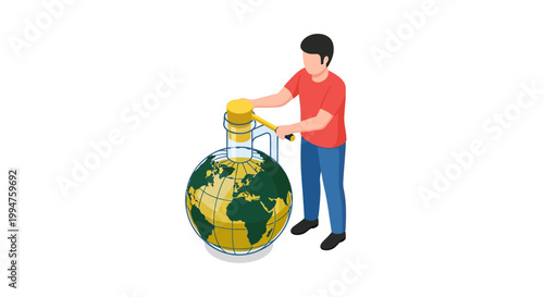 Young Man Pushing Shopping Cart with Globe, Global Concept.