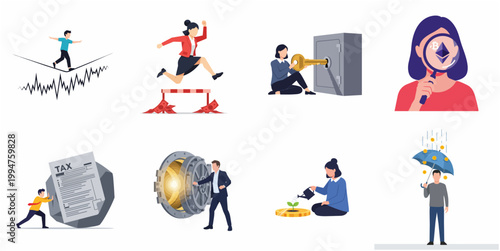 Modern Flat Illustration Set Representing Business Financial Management, Investment Strategy, Risk, Tax, and Cryptocurrency Concepts Collection