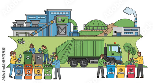 People sorting waste into recycling bins with a garbage truck and a large industrial recycling plant in the background, illustrating waste management and environmental sustainability.