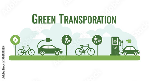 An illustration showcasing various modes of green transportation, including bicycles, electric cars, and pedestrian paths, emphasizing sustainable mobility and environmental benefits.