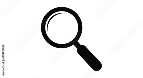 A minimalistic black and white depiction of a magnifying glass angled diagonally on a white background high quality