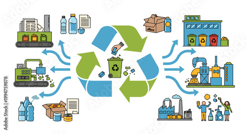 Illustration of the recycling process, showing waste collection, sorting, processing, and manufacturing of new products.