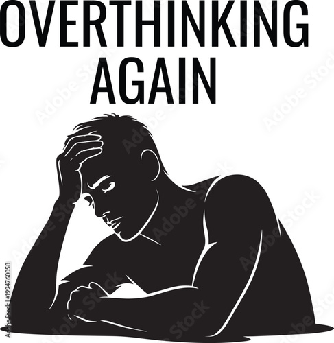 Person lying awake holding head, text 'Overthinking Again' icon set for worry and thought