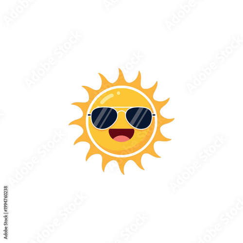 A cartoon sun character wearing sunglasses smiles cheerfully on a white background.