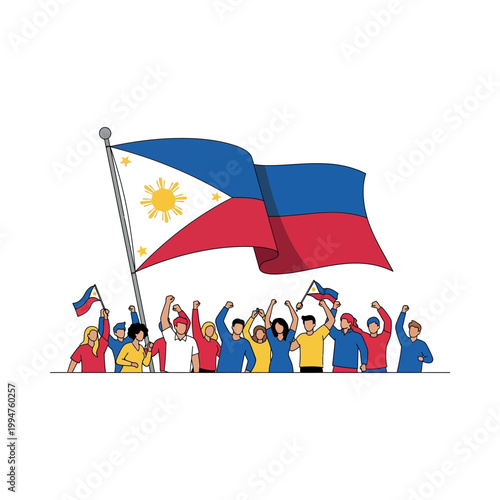 People celebrate with Philippine flag waving high in the air with joy and excitement