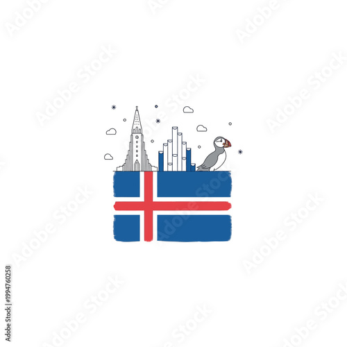 Fotografie Puffin perches on Icelandic flag with cityscape