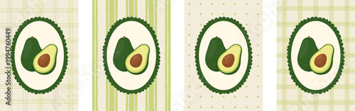 Set of 4 vintage avocado posters in ornate frame. Each print has a unique retro background: two types of check (gingham and plaid), wavy stripes, and polka dots. Perfect for cottagecore, grandma chic.