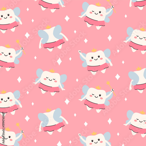Vector seamless pattern background with cute tooth fairy cartoon character holding magic wand