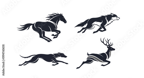 Set of running wild animal silhouettes including horse, wolf, deer, and dog.