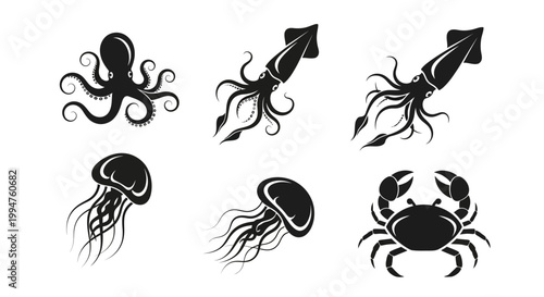 Set of Black Silhouette Sea Creatures Icons