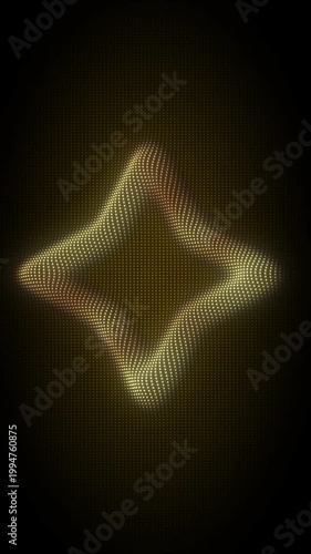 Golden Four-Pointed Star Frame With Rotating Animation, Digital Dot Particles on Dark Background, Glowing Dot Grid 3D Geometric Shape, 4K Seamless Loop, Vertical Video