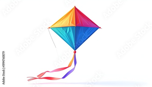 Colorful Diamond Kite Soaring Against a Clean White Background.