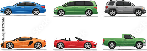 Car collection vector set, sedan, minivan, SUV, pickup and sports cars, colorful vehicle side view illustrations, transportation icons isolated on white