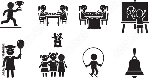 Black vector icons depicting children playing, learning, and celebrating isolated on white background