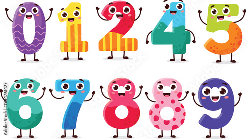 Tableau sur toile Colorful collection of cute cartoon number characters from zero to nine with happy faces and hands for children education and school mathematical designs