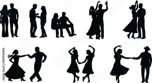Dance couple silhouettes collection, ballroom romance and social interaction, elegant partner poses, black vector illustration isolated on gray background