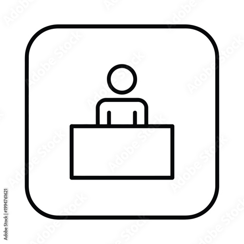 Simple line drawing of a person seated at a desk or counter