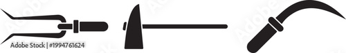 Agricultural tools icons including pitchfork hoe and sickle on white background