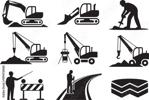 Construction equipment and workers icons