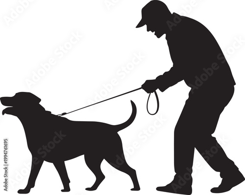Silhouette of a dog pulling its owner on a leash, walking outdoors with white background