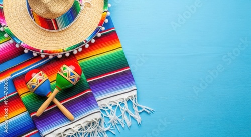Mexican sombrero and maracas on colorful blanket
