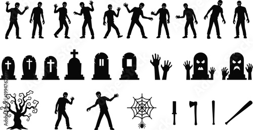 Halloween zombie silhouettes collection with graves, spooky tree, hands, weapons and spider web, horror characters set for scary design, vector illustration 