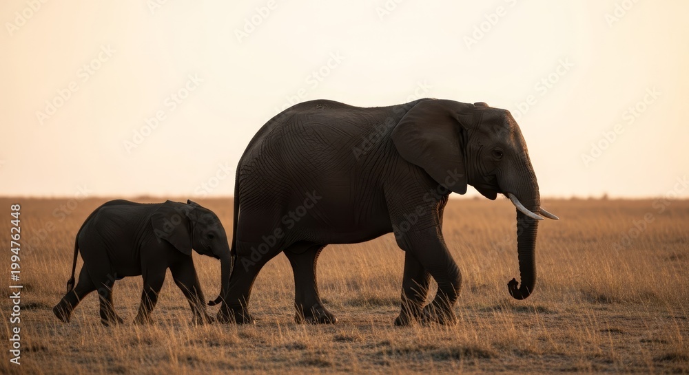 Fototapeta premium Mother elephant and her young calf walking across a golden savanna during dusk