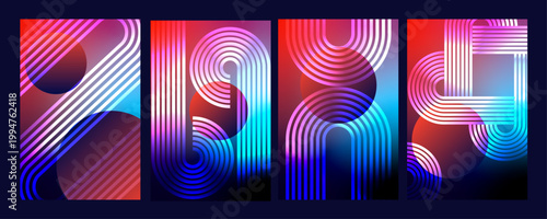 Retro futurism poster set with neon gradient abstract lines and circles on vibrant backgrounds