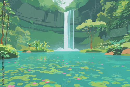 Lush Tropical Waterfall in Green Forest Landscape