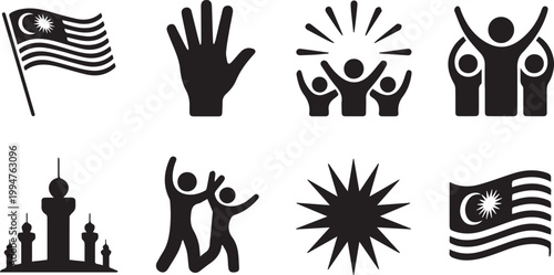 Set of malaysia icons including national flag, people, and landmarks
