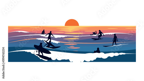People surfing on waves at sunset ocean scene with silhouettes paddleboarding