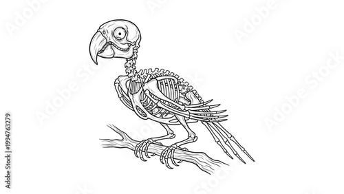 An illustration depicts a parrot skeleton perched on a branch.