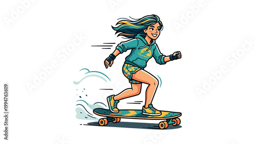 Teenager girl wearing gloves rides skateboard quickly outside on a sunny day with wind.