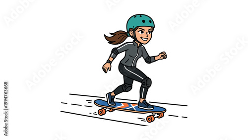 A girl wearing a helmet rides a skateboard quickly on a road.