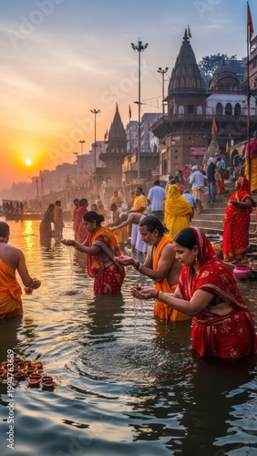 Boats floating on a river in Thailand near a traditional temple and historic city buildings