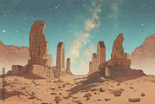 Ancient Egyptian Stone Statues in Desert