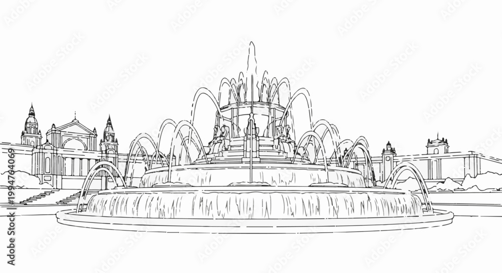 Fototapeta premium Ornate tiered fountain splashes water in front of grand neoclassical architecture
